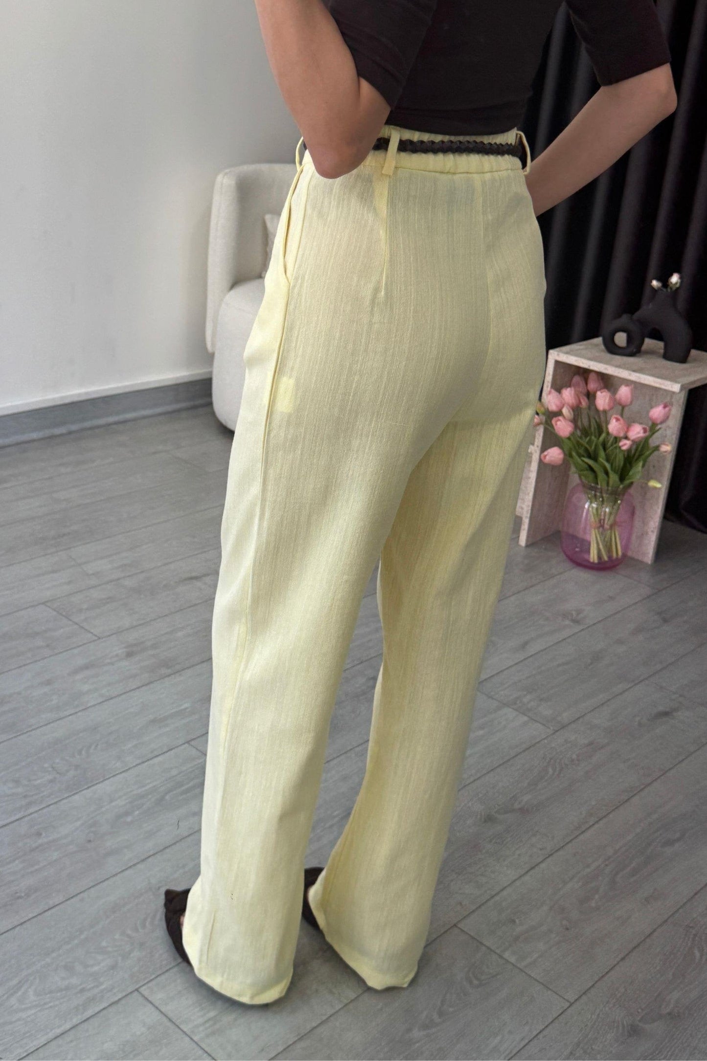 Yellow belted linen pants