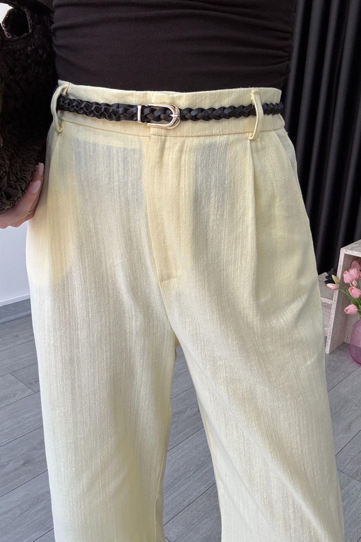 Yellow belted linen pants